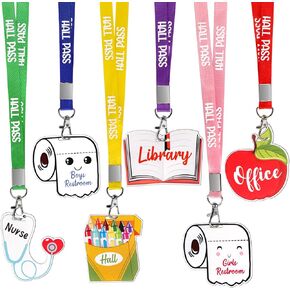 6 Pieces Acrylic Hall Pass Lanyards and School Passes Set, Cute Passes for School, Classrooms Hall, Library, Restroom, Office, Nurse, Teacher Supplies