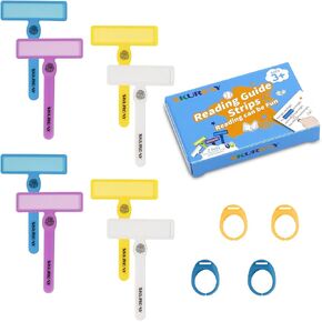 2 Pack Guided Reading Strips, Highlighter Dyslexia Tools for Kids, Colorful Text Overlays for Early Readers, ADHD Finger Trackers Highlight (12 PCS - 8 Wands and 4 Removable Rings)