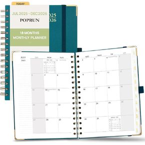 POPRUN Monthly Planner 2025-2026 Spiral Bound (6.25'' x 8.5'') 18 Months Calendar (Jul. 2025 - Dec. 2026) - 4 Pages per Month with Monthly Dotted Note Pages, Sunday Start, HardCover - Burgundy