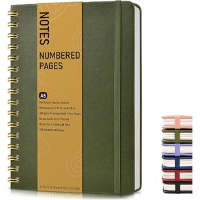 Lined Spiral Journal Notebook, A5 Hardcover Spiral Journals for Women Men, 150 Numbered Pages Spiral Bound Notebook, 100 GSM College Ruled Notebooks for Writing Note Taking 5.75" x 8.38", Olive Green