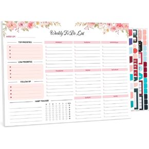 Weekly To Do List Notepad, 8.5''x11'' Weekly Desk Planner with 52 Tear Off Sheets Undated Weekly Planner Habit Tracker & Productivity Organizer for Home School and Work, Pink Flower