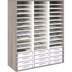 Wooden File Organizer, 48 Slots Literature Mail Sorter Document Paper Storage Rack with Adjustable Shelves, Large Mailbox Cubbies for Office Home Classroom, Retro Grey/White