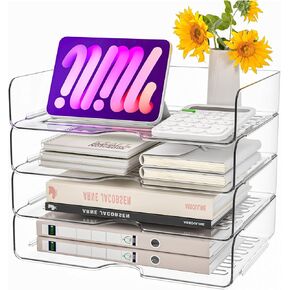 Paper Organizer Letter Tray, 4 Pack Acrylic Stackable Desk File Organizer,Clear File Organizer for Desk, Office Organizer for File Paper, Ipad, Letter, A4 Office File, Books, Notes, Paper Folder