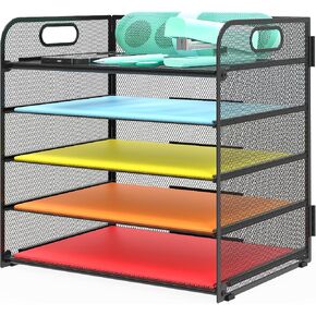 Letter Tray Paper Organizer 5-Tier Desk Organizer File Organizer Paper Holder with Handle, Metal Desktop Document Shelf Tray Office Classroom Organization - Black