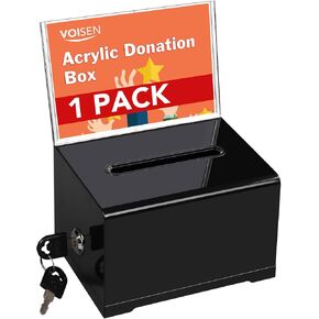 VOISEN Acrylic Donation Box with Lock, Black Ballot Box with Sign Holder, Suggestion Box for Fundraising, Donation, Bar, School Voting, 6.2x4.6x3.9 Inch