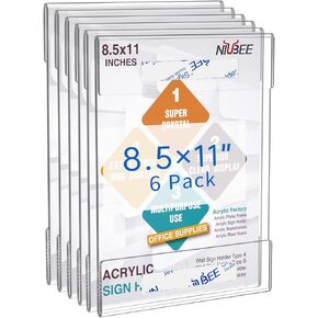 Niubee 8.5x11 Clear Acrylic Plexi Sign Mostuders مع شريط لاصقة مزدوج الجوانب ، حامل قائمة Docum Document للمكتب ، المنزل ، المتجر ، المطعم-الحفر (6 عبوات)