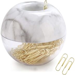 Magnetic Paper Clip Holder, Marble White holder with Gold PaperClips 100pcs 28mm(1.1") Cute Office Supplies for Desk Organizer
