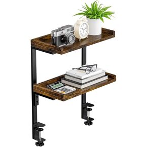 Clamp On Desk Shelf 2-Tier, Wood Shelving Unit for Office Desk/Gaming Accessories, Tabletop Book Storage Rack, Shelf for Top of Desk, Brown