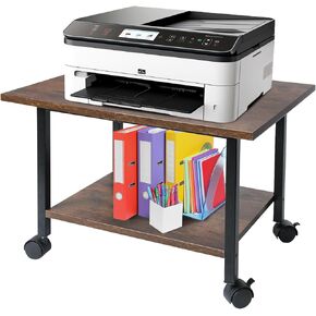 Printer Stand, Under Desk Printer Table with Wheels, 2 Tier Industrial Mobile Printer Table with Storage Shelf, Rolling Printer Cart Holder for Home, Office, Rustic Brown and Black