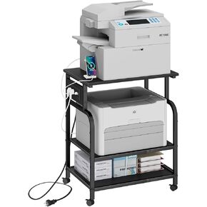 3 Tier Large Printer Stand with Power Outlet/Adjustable Storage Shelf, Rolling Printer Cart with Wheels, Printer Table for Home Office 3D Printer/Heat Press/Laster Printer, Rustic Brown