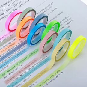 Grevosea 10 Rolls Highlighter Tape Removable Colored Transparent Tape Fluorescent Neon Tape Highlighter Strips Book Annotation Supplies for Students Teachers Classroom Home Office (0.23inch x 16ft)