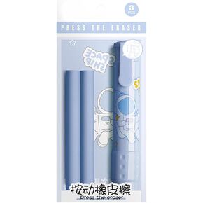 1 Set Blue Retractable Mechanical Erasers with Replacement Refills Pencil Erasers Pen Styles Erasers Cartoon Painting Erasers, Pen-Style Erasers （18 * 7.4cm）