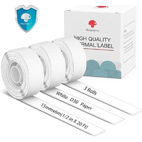 Phomemo Labels-3 Roll D30 Adhesive White Continuous Thermal Label Paper,1/2" X 20 Ft (15mm X 6m) Black on White for D30/D35 Label Maker, for Home,Kitchen,School,Office,Gift,Organization