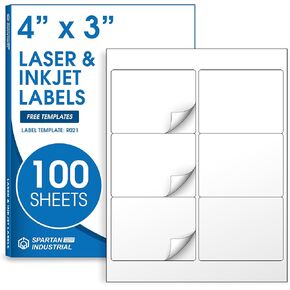 Spartan Industrial Printable Lister and Inkjet Labels - 4 "× 1" ملصقات قابلة للطباعة بيضاء - 30 ورقة ، 600 ملصقات إجمالية للوازم المدرسي ، صناديق التخزين ، ملصقات عناوين البريد (100 ، 4 "× 3")