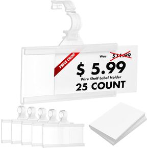 Plastic Wire Shelf Label Holder, Reusable Shelf Tags for Pantry Retail Store, Supermarket UPC Price Card & Ticket Display, Strong & Easy Clip Design Tight Snap Lock Closure. 1-1/4" H X 3" W (25)