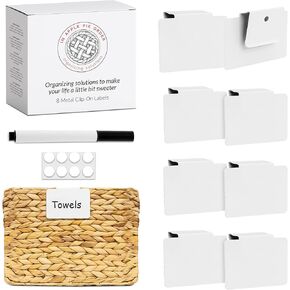 Labels for Storage Bins | Metal Storage Bin Labels (2.5" x 3.5") - Set of 8 Basket Clip On Labels for Storage Bins w/Non-Slip Grip Pads & Dry Erase Marker - Removable Bin Labels for Storage Bins