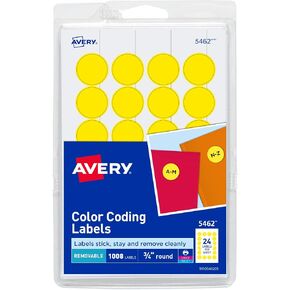 Avery Print/Write Self-Adhesive Removable Labels, 0.75 Inch Diameter, Yellow, 1,008 per Pack (5462)