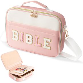 Bible Cover Case for Women, Pink Large Chenille Letter Bible Bag with Shoulder Strap, Bible Holder Tote Bags,Birthday Gifts for 5 6 7 8 9 10 11 12 13 Year Old Teen Girls Teen