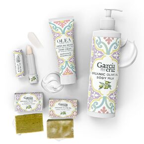 Olive Oil Body Essentials Kit by Garcia de la Cruz Extra Virgin Olive Oil Infused Skin Care Gift Set includes Body Milk, Lip Balm, Hand Cream, and 2 Soaps