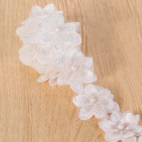 Organza Flower Trim 2 Yards Lace Edge Trim Ribbon, 3D Pearl Beads Flower Lace Trim Embroidered Applique Sewing Craft for Wedding Dress Embellishment DIY Dress Decor Gowns Home Decor (White)
