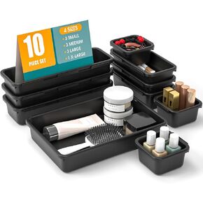 10 PCS Drawer Organizer Set, 4 Size Makeup Drawer Divider Organizer With Non-Slip Pads, Interlocking Plastic Storage Bins for Office,Jewelry Vanity,Gadgets, Bathroom,Kitchen, Black