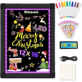 LED Message Writing Board, 16inch x 12inch Light Up Drawing Board Chalkboard Erasable Neon Doodle Flashing Sign with 10 Colors Markers for Kitchen, Supermarkets, Bars, Wedding Black