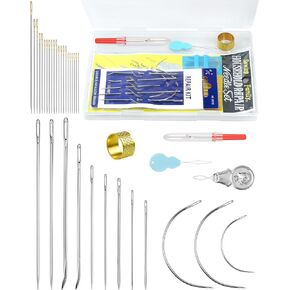 FIVEIZERO Heavy Duty Hand Sewing Needles Set - Large Eye Leather Sewing Needles for Hand Stitching,Upholstery, Carpet,and Canvas Repair, Including Curved Sewing Needles and Needle Threaders
