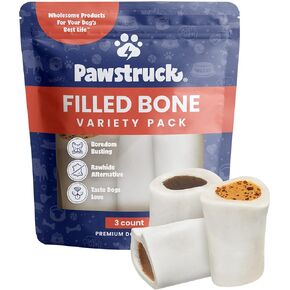 Pawstruck Small 3" Filled Dog Bones Variety Pack - Peanut Butter, Cheese & Bacon, Beef Flavors - Made in USA Long Lasting Stuffed Femur Treat for Aggressive Chewers - Pack of 3 - Packaging May Vary