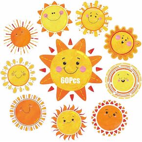 60 PCS Sun Cutouts, 10 Designs Bulletin Board Decoration Sun Cut-Outs DIY Crafts Project Spring Summer Sunshine Party Supplies