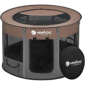 Veehoo Portable Puppy Playpen, Pet Kitten Playpen for Indoor Portable PopUp Dog Kennel Foldable Playpen Outdoor Tent Crate with Carrying Case for Kitten Puppy Small Animal,Coffee 35.8"Lx35.8"Wx22.8"Th