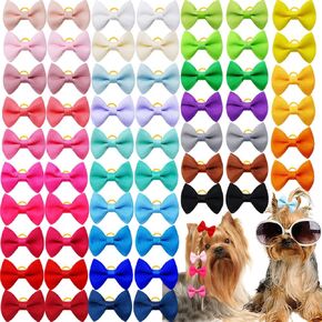 100Pcs(50 Pairs) Soft Fabric Dog Bow with Rubber Bands Solid Color Dog Bowknot Hair Bow Handmade Topknot Bows for Doggie Puppy Cat Bunny Yorkie Pet Hair Grooming Decor Accessories