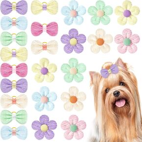 24Pcs Cute Flower Dog Hair Bows with Rubber Bands Small Dog Hair Bows Handmade Puppy Dog Grooming Bows for Dogs Girls for Holiday Spring Easter Dog Puppy Yorkie Pet Hair Accessories