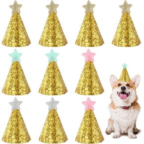 10 PCS Small Dog Birthday Hat, Mini Party Hats for Stuffed Animals, Adjustable Cat Party Hat, Cute Glitter Puppy Star Headbands for Cats Dogs Party Costume Supplies