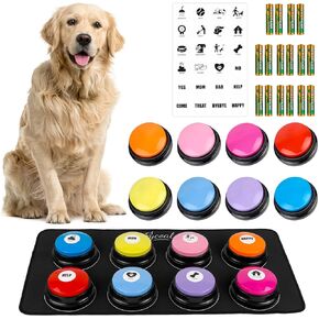 Dog Buttons for Communication, 8pcs Dog Talking Button Set Talking Pet Buttons for Dogs 30s Recordable Pet Training Button with Waterproof Anti-Slip Mat and 24 Scene Stickers & 16 AAA Batteries