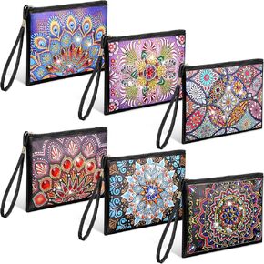 Silkfly 6 Pcs Diamond Painting Clutch Purses DIY Diamond Painting Handbag PU Leather Diamond Painting Bags 5D Handmade Wristlet Wallet with Strap and Zipper for Women Gift(Mandala Style)