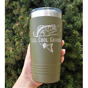 Reel Cool Grandpa Bass Fishing 20 Ounce Hot and Cold Tumbler with Lid - Father's Day Gift (Olive Green)