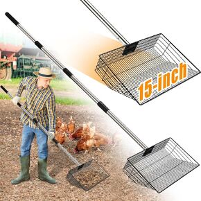 15inch Large Metal Chicken Poop Scooper, Heavy Duty Chicken Coop Litter Scoop for Poop with 24 to 68" Stainless Steel Adjustable Handle, Litter Scooper Sifting Shovel Chicken Coop Accessories