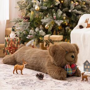 Phantoscope Christmas Animal Series, Bear Shaped Throw Pillow with Plaid Heart, Faux Fur Large Long Body Pillow Christmas Decorative Pillows for Couch, Sofa, Bed, Brown Bear 13 x 41 inches