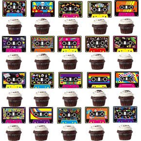 48Pcs Cassette Tapes Cupcake Toppers Cassette Tape Party Cake Decorations 80's Theme Cupcake Picks Retro Birthday Party Decorations for Music Radio Boombox Party Supplies