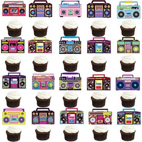 Radio Cupcake Toppers 48Pcs Retro Radio Boom Box Party Cake Decorations Trowback Birthday Party Decorations Nostalgic Ball Radio Cupcake Picks for 80s 90s Music Theme Party Supplies