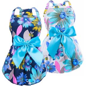 2pcs-New Spring Summer Puppy Dog Dress,Cute Colored Sun Flower Dog Bow Skirt for Small Girl Dogs(White&Navy Sunflower,XXS)