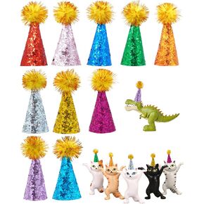 PET SHOW 10 Pack Mini Party Hats for Stuffed Animals Figures Toys Dinosaur Tiny Hats for Crafts Colorful Doll Party Decor Adjustable Cone Hat with Tinsel Pom Pom Kids Birthday Cake Toppers Accessories