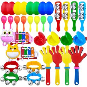 34PCS Plastic Shaker Musical Instruments Hand Clappers Egg Shaker Hand Bells Maracas Cymbals Castanets Early Music Learning Toy