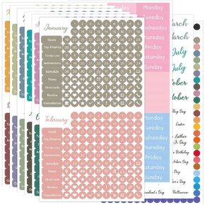 1917 Pcs Daily Planner Calendar Stickers for Bullet Journal Notebook, Monthly Weekly Headings, Dates, Icons, 1/5 inch Dot Stickers, 9 Sheets Washi Stickers