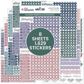 bloom daily planners Calendar Essentials Planner Stickers - 8 Sheets, 1629 Stickers Per Pack! - Color Coordinating Monthly Headings, Dates, Icons, Etc. - Jewel Tones