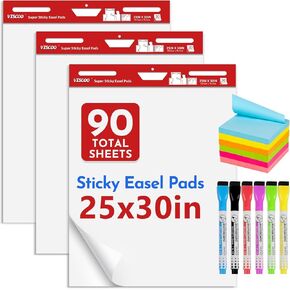 Thickened Sticky Easel Pad, 25 x 30 Inches Flip Chart Paper for Teachers, Giant Self-Stick Chart Paper for Wall, Anchor Chart Paper for Office School Classroom, 60 Sheets/2 Pads Easel Paper