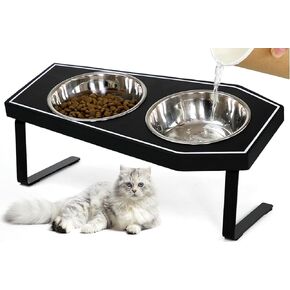 Cat Food Bowls Elevated, Gothic Cat Bowls, Raised Cat Bowls for Indoor Cats with Non-Slip Stand & Wood Board, Stainless Steel and Whisker Friendly Food Bowls
