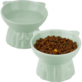 2Pcs Ceramic Elevated Cat Bowls, Extra Wide Raised Cat Bowls for Food and Water, Shallow Cat Food Dish Whisker Friendly, Anti Vomit Cat Bowl Microwave and Dishwasher Safe, Great Height for Cat (Green)