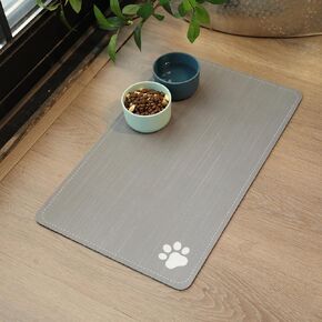 Cat & Dog Feeding Mat for Food and Water Bowl,Pet Eating mat,Absorbent-Non-Slip.Quick Dry Dog Water Bowl Dispenser Mat,Backing Pet Placemat for Messy Drinkers,Grey.Dog Paw-11.8x19.7 in