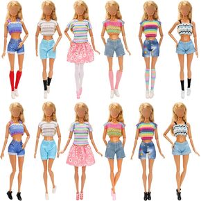 Miunana 17 PCS Girl Dolls Fashion Clothing Including Skirt,4 Tops + 3 Jean Shorts,4 Socks Random 5 Pairs of Flat Shoes for 11.5 Inch Girl Doll